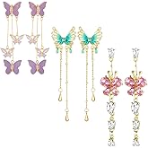 NEWITIN 3 Pairs Long Flower Earrings for Women Hypoallergenic Earring Leaf Floral Tassel Earring Statement Flower Dangle Pink Floral Earrings for Women