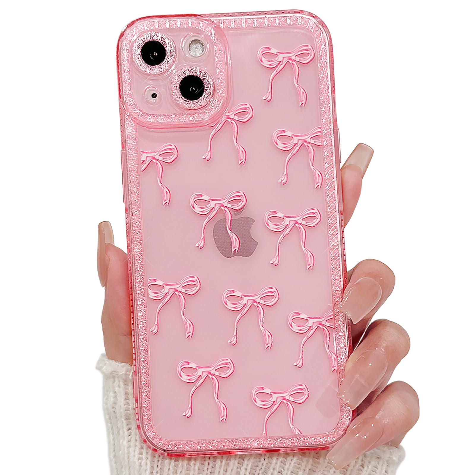 NITITOP Compatible with iPhone 15 Case Cute Clear Pink Glitter Bow Knot Design Shiny Star Sparkle Bling Diamond Girls Women Soft TPU Shockproof Protective Phone Cover - Large Bow