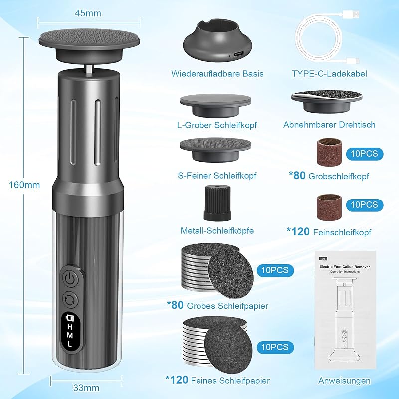 LED 2-In-1 Hornhautentferner Elektrisch, 6 Stufenlos Einstellbaren Geschwindigkeiten, Inkl. Dauerhaften FußFeilen Und Austauschbarem Nagelpolierer FüR Professionelle FußPflege