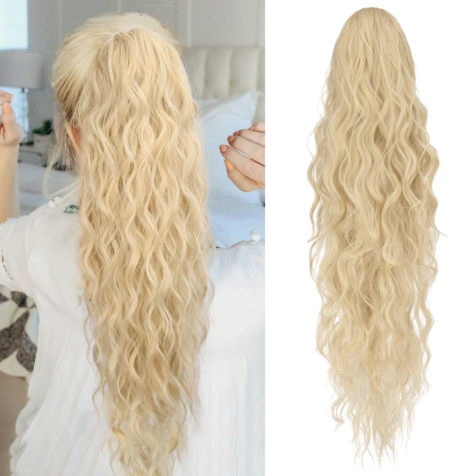 Jupmov 26 Inch Ponytail Extension, Long Wavy Hair Extensions, Synthetic Hair Piece for Women, Soft Natural Pony Tail, Drawstring for Daily Use(Strawberry Blonde & Bleach Blonde)