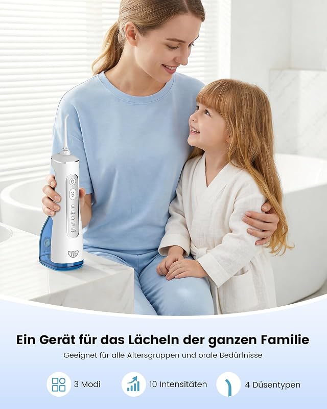 Munddusche Kabellos Elektrische 300ML Wassertank, 10 Stufen Stufenlose Modi Testsieger 2026, IPX8 Tragbar Zahnreiniger Waterflosser & 6 Düsen für Oral Health Enthusiasten Tägliche Pflege(Weiß)