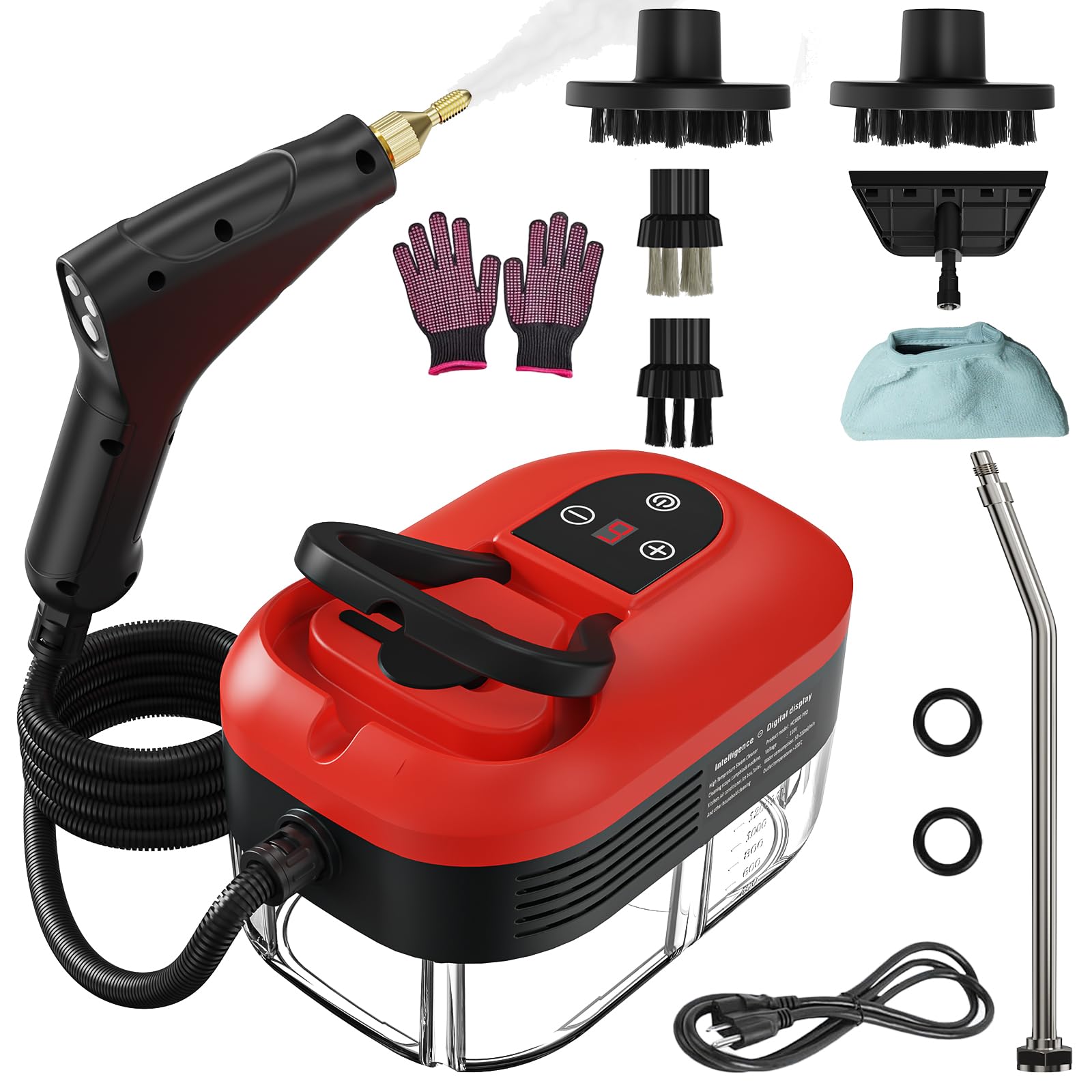 Photo 1 of Portable Steam Cleaner, 2500W Pressurized Handheld Steam Cleaner with 1.2L Water Tank, 6 Levels Steam Output, Cleaning Steamer for Cleaning Home Furniture, Bathroom, Car Detailing (Red)