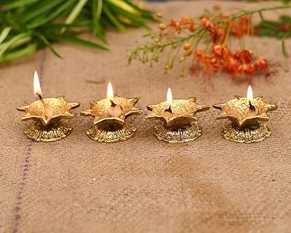 Collectible India Diwali Decoration Home Temple Metal Diya Oil Lamp for Pooja, Standard, Golden -Set of 4