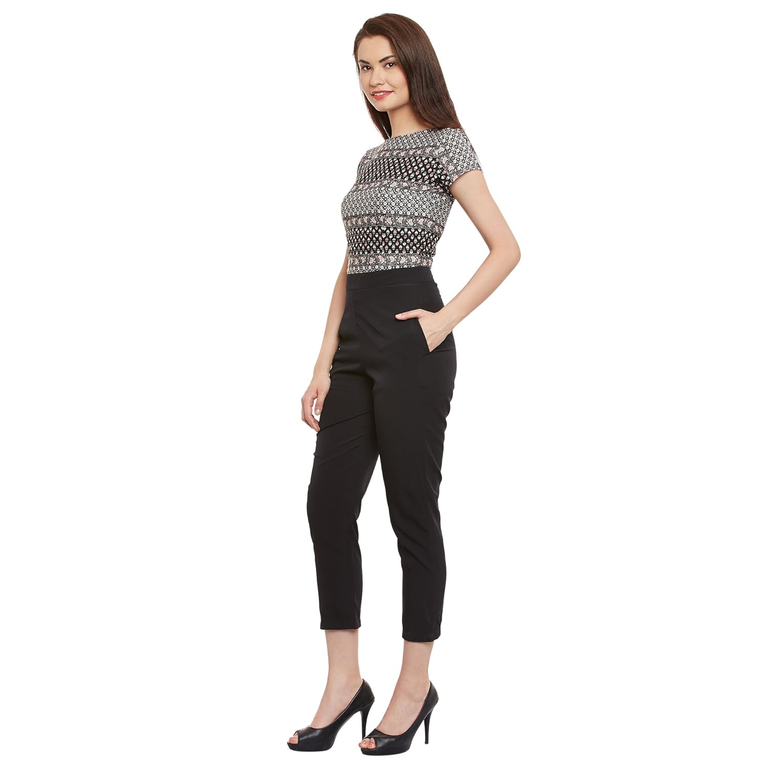 florrie fusion women's printed black crepe jumpsuit size:- l