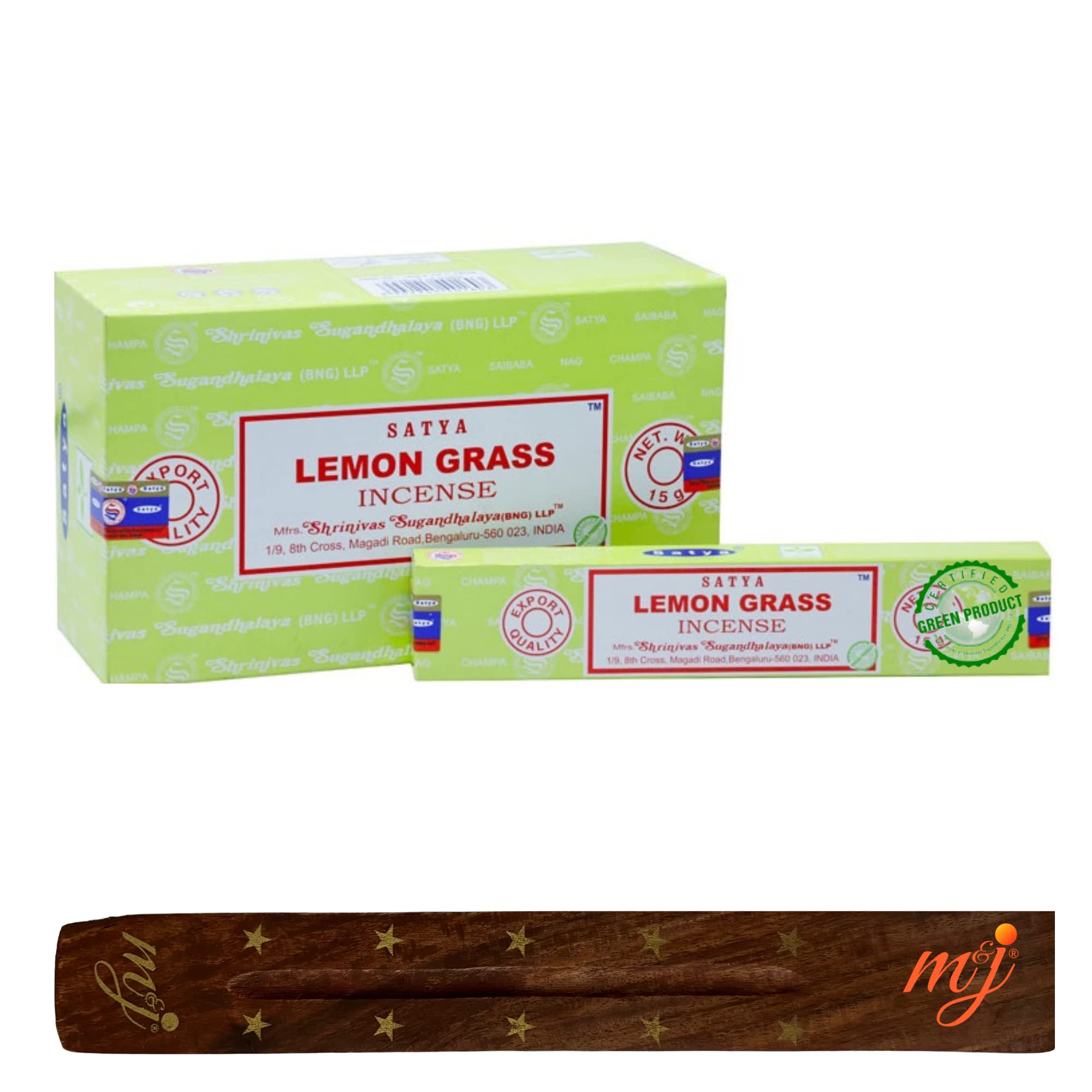Original Satya Nag Champa Lemon Grass Incense Sticks | with M&J incense sticks holder | Full Box | for Aromatherapy, Spa, Yoga, Weddings, Meditation, Healing, Positivity and Relaxation