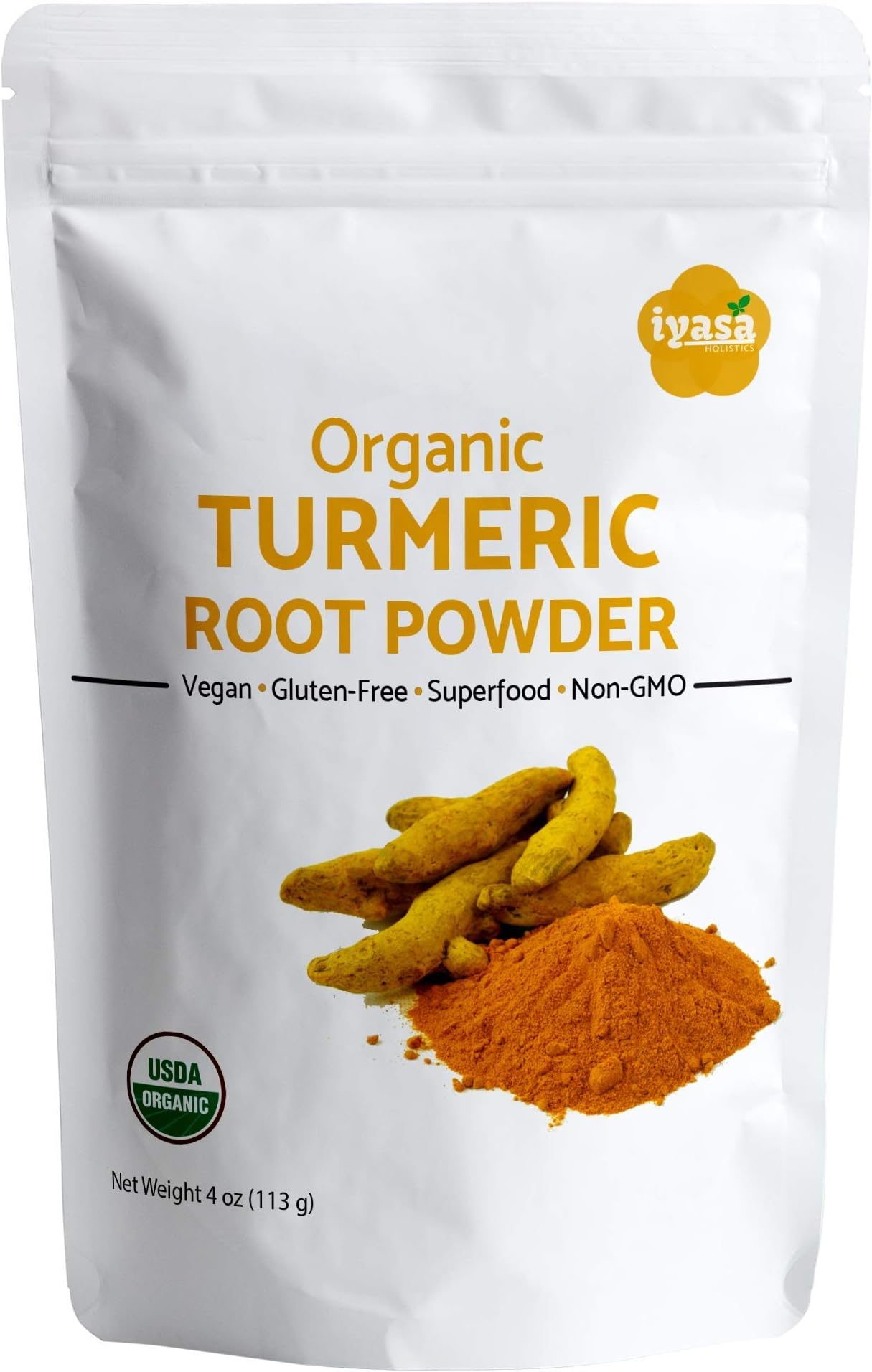 Organic Turmeric Root Powder, Curcumin, USDA Certified, Trial Pack of 4 oz/112 gm, Finely Ground Indian Spice, Natural Food Color and Herb, Resealable Pouch (starterpack4oz)