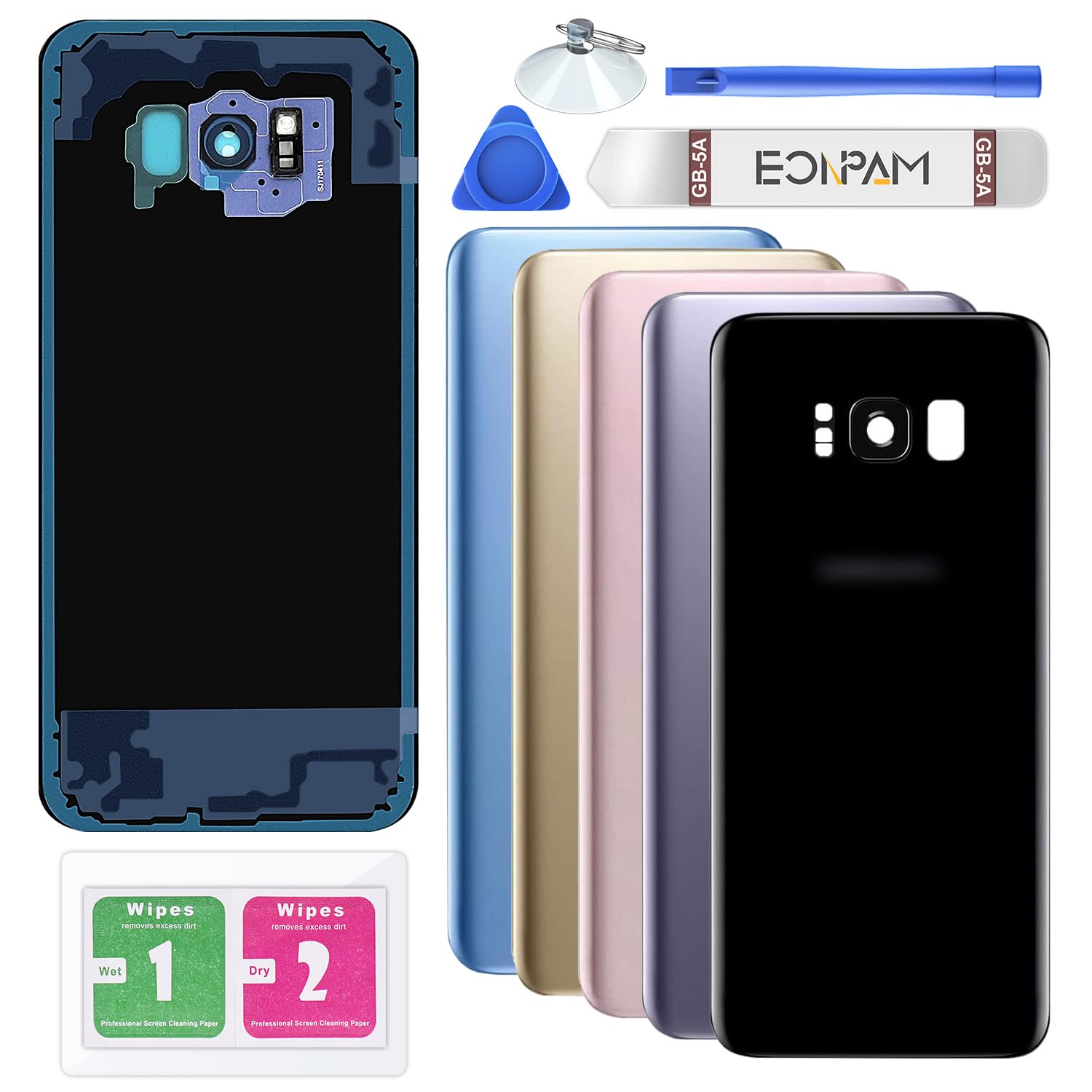 Eonpam Back Cover Glass for Samsung Galaxy S8+ Plus G955 Rear Glass Replacement with Camera Lens + Repair Kit Genuine Rear Housing (Black)