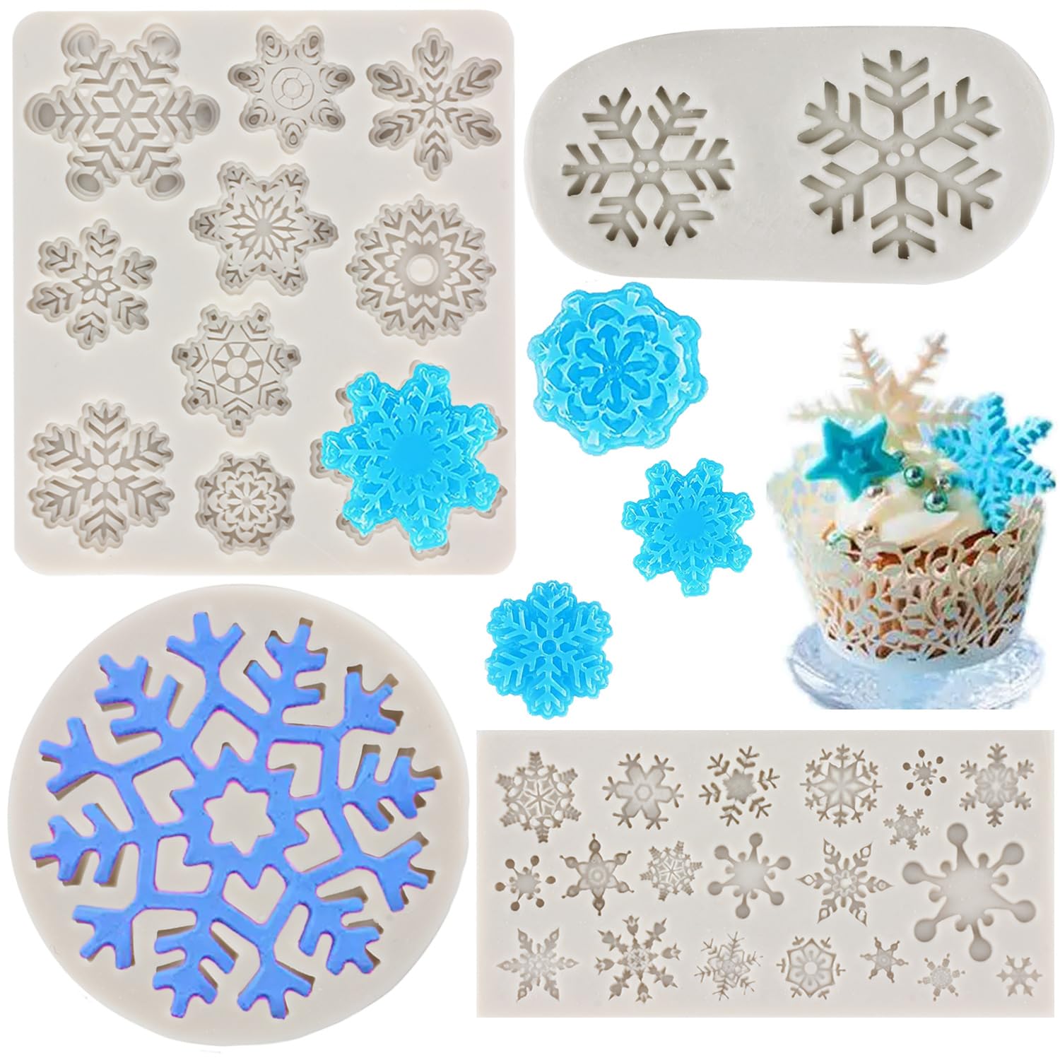 MYPRACS Christmas Snowflake Cake Silicone Fondant Moulds 3D Snowflake Candy Moulds for Cake Decorating Cupcake Topper Chocolate Gum Paste Polymer Clay Frozen Party Supplies Set of 4
