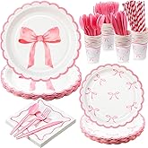 Reallnaive 192 Pcs Pink Bow Party Supplies Severs 24 Guests Coquette Birthday Decorations Includes Plates Cups Napkins Tableware Sets for Girl Bachelorette Bridal Engagement