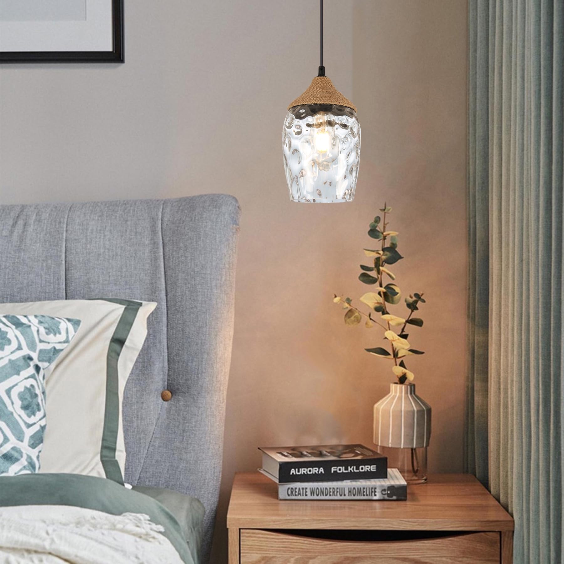 Photo 1 of Lighten Chance Modern Rope Pendant Light Fixtures, Industrial Handblown Clear Dimpled Glass Hanging Lamp Shade, 5.9" Lampshade Ceiling Lighting Chandelier for Kitchen Island Dining Over Sink Bedroom