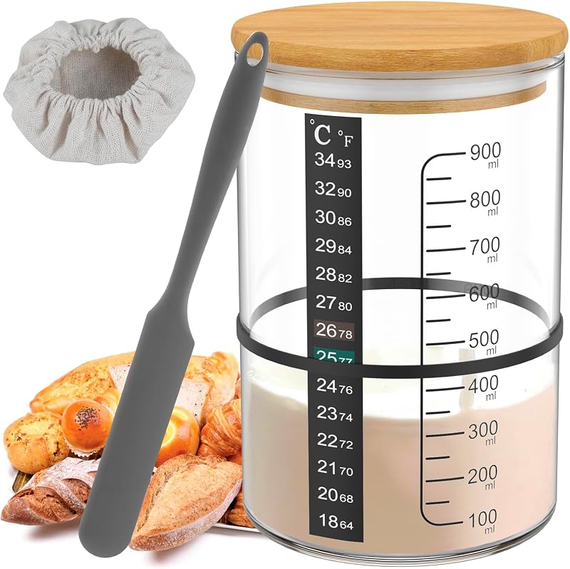 Glass Sourdough Starter Jar Kit 900ml with Wooden Lid Scale Cloth Cover