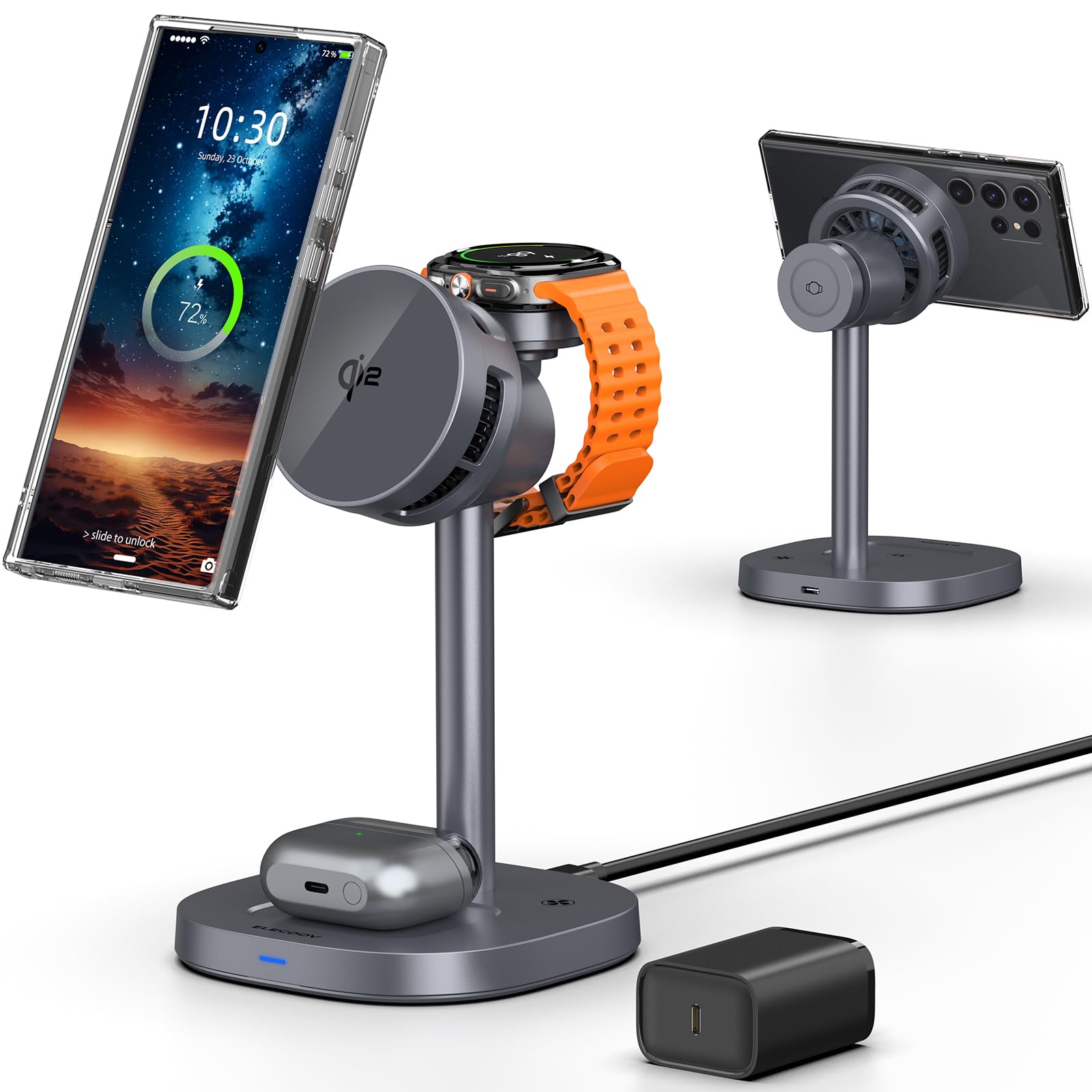 Photo 1 of 3 in 1 Magnetic Charging Station for Samsung, Qi2 Certified Phone-Cooling Magsafe Wireless Charger for Samsung Galaxy Z Fold 7/Flip 7/S25 Ultra/S24, Galaxy Watch 8/Ultra/7/6/5, Galaxy Buds 3 Pro/3