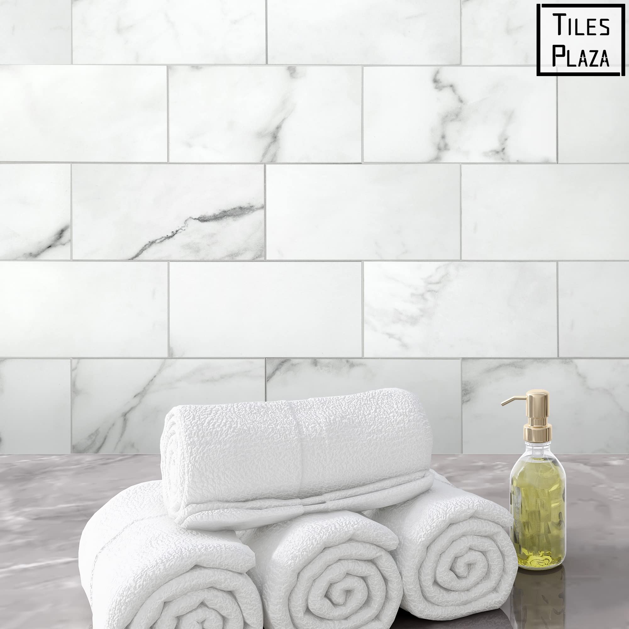 Photo 1 of 10-Sheet Subway Peel and Stick Backsplash, 12" x 12" Carrara White Stone Composite Self Adhesive Wall Tiles, Marble Looks Stick on Tile for Kitchen, Bathroom, Fireplace