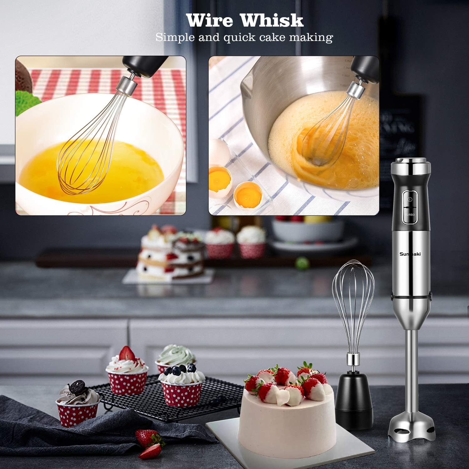Sunmaki 4 in 1 Hand Blender multi function, Immersion blender, Speed Adjustable Stainless Steel Stick, Egg Whisk, Baby Food/Juice/Smoothies Maker, Minced meat, 500ml Food Chopper, 800ml Container: Kitchen & Dining