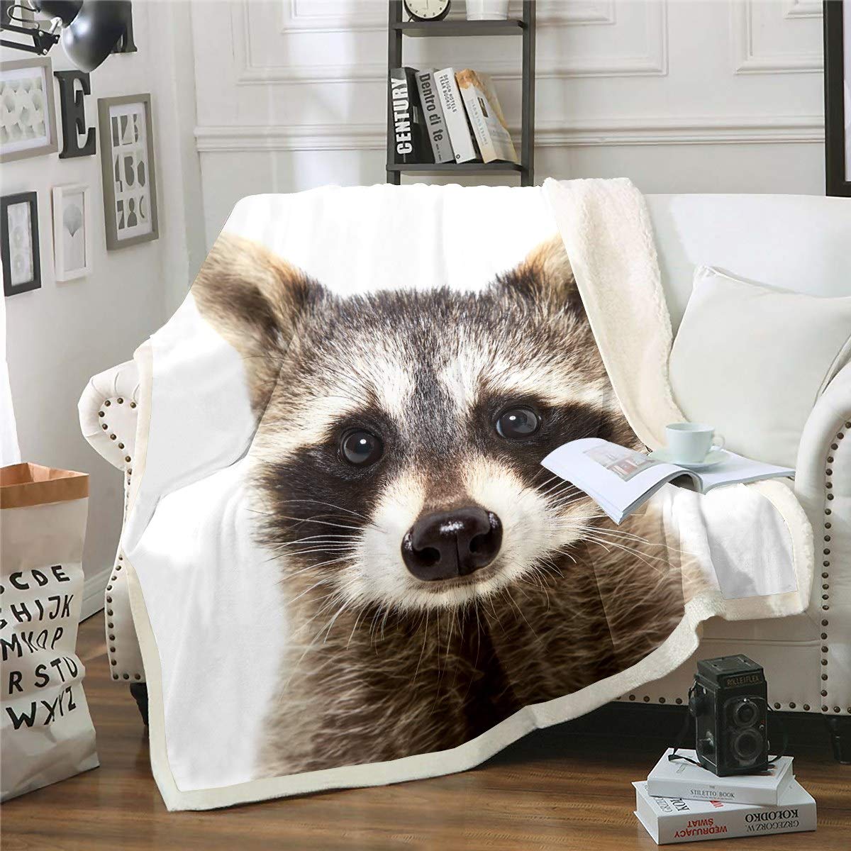 Loussiesd Raccoon Plush Double Blanket, 60"x79" Brown Animal Print Fleece Throw Blanket for Kids, Boys, Girls, Unisex, All Seasons, Warm, Polyester