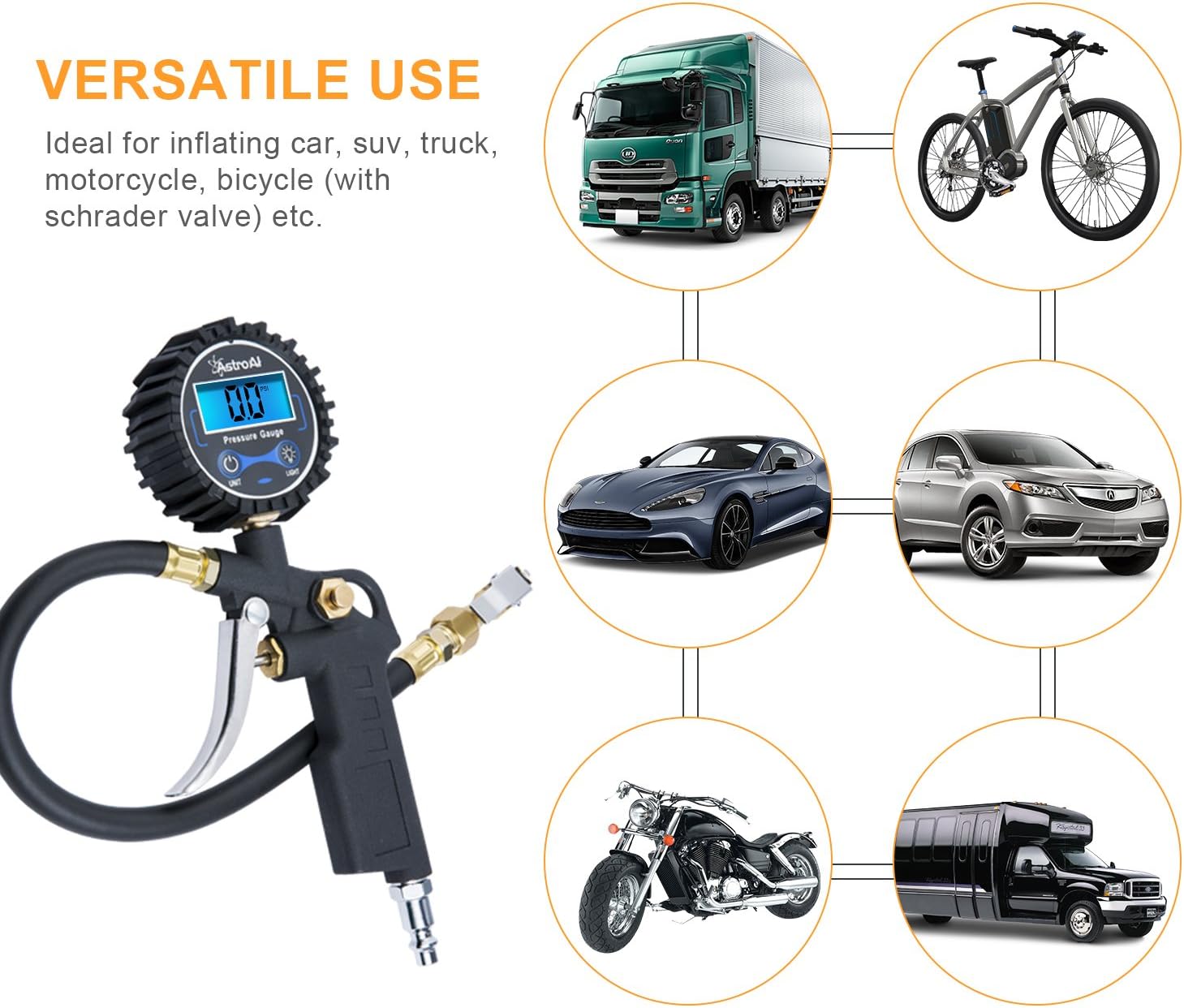 AstroAI Digital Tire Inflator with Pressure Gauge, 250 PSI Air Chuck and Compressor Accessories Heavy Duty with Rubber Hose and Quick Connect Coupler for 0.1 Display Resolution: Automotive