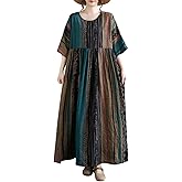 ENGLUCK Women Summer Casual Loose Dress Plus Size Boho Dresses Vintage Striped Print Round Neck Short Sleeve with Side Pocket