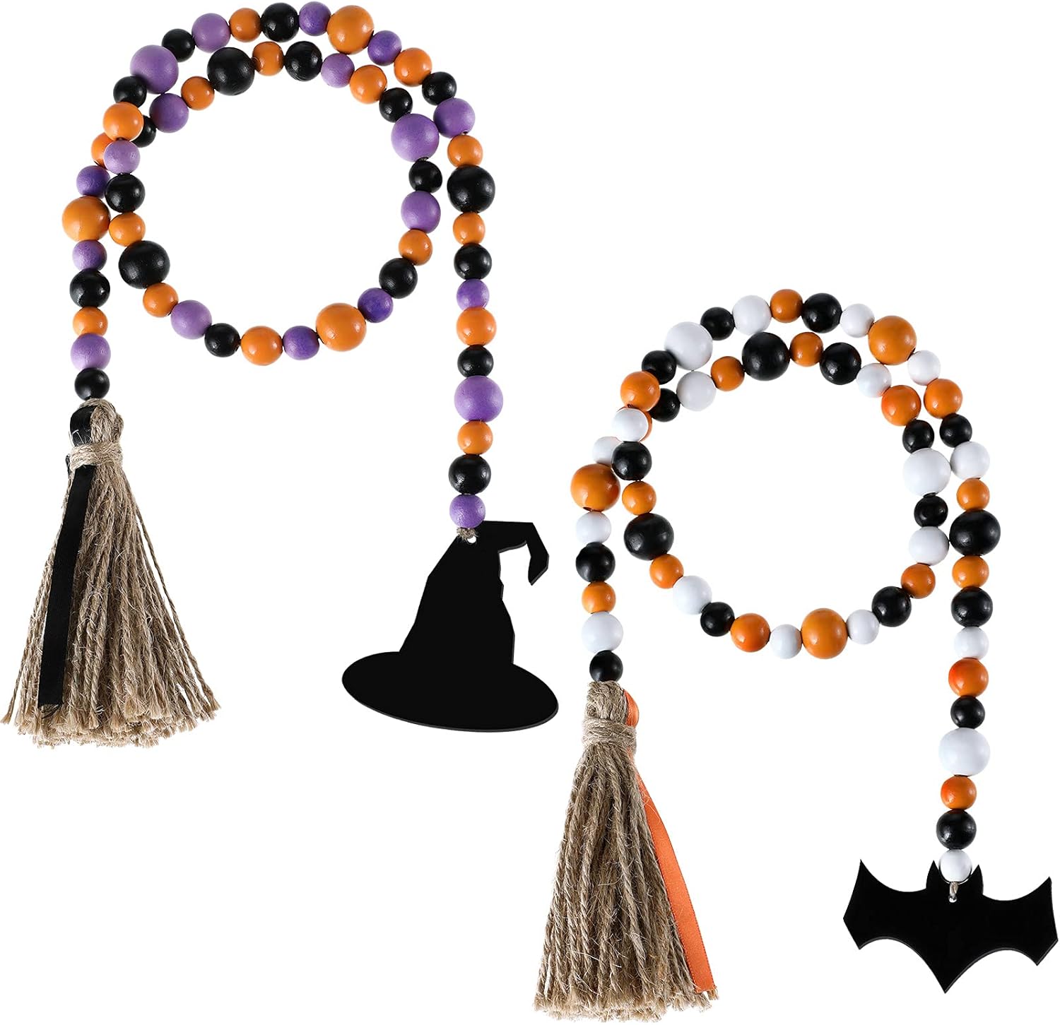 Wreaths, Garlands & Swags - 2 Pieces Halloween Wooden Bead Garland Rustic Farmhouse Bead Garland Beaded Tiered Tray Decor Prayer Bead Wall Hanging Decor with Witch Hat, Bat Tags and Linen Tassels for Halloween Shelf Display