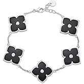 Lavari Jewelers Flower Bracelet for Women - Black Onyx or Mother of Pearl & Cubic Zirconia in 925 Sterling Silver - Hypoallergenic Gold Plated - Adjustable Clover Bracelet for Her - Lobster Claw Clasp