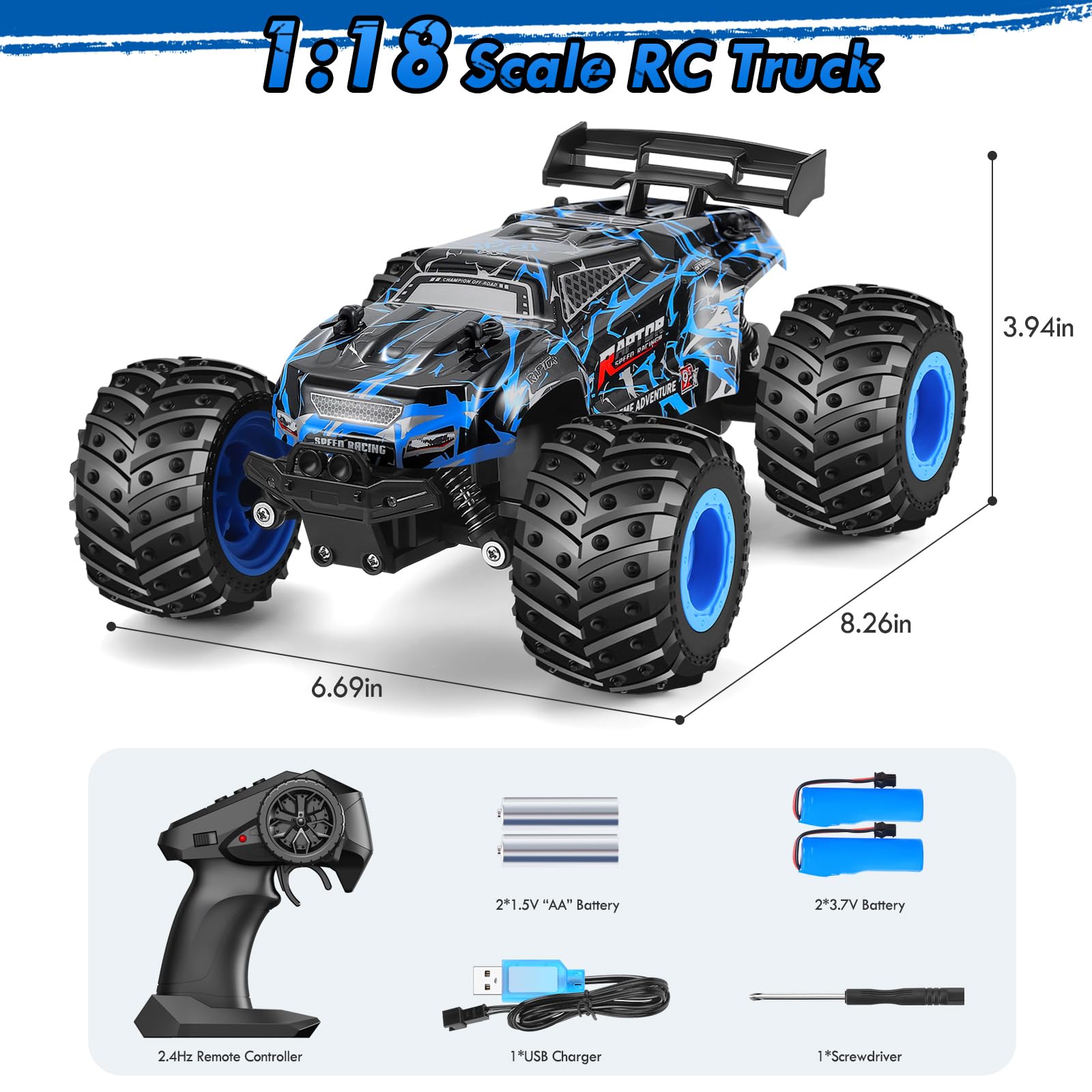 Remote Control Car, 1:18 Scale Rc Cars, All-Terrain RC Truck with LED Light, 20KM/H, Rechargeable, 2WD, 2.4GHz, Sturdy PVC Shell, Remote Control Truck for Boys 4-7 8-12, Beginner