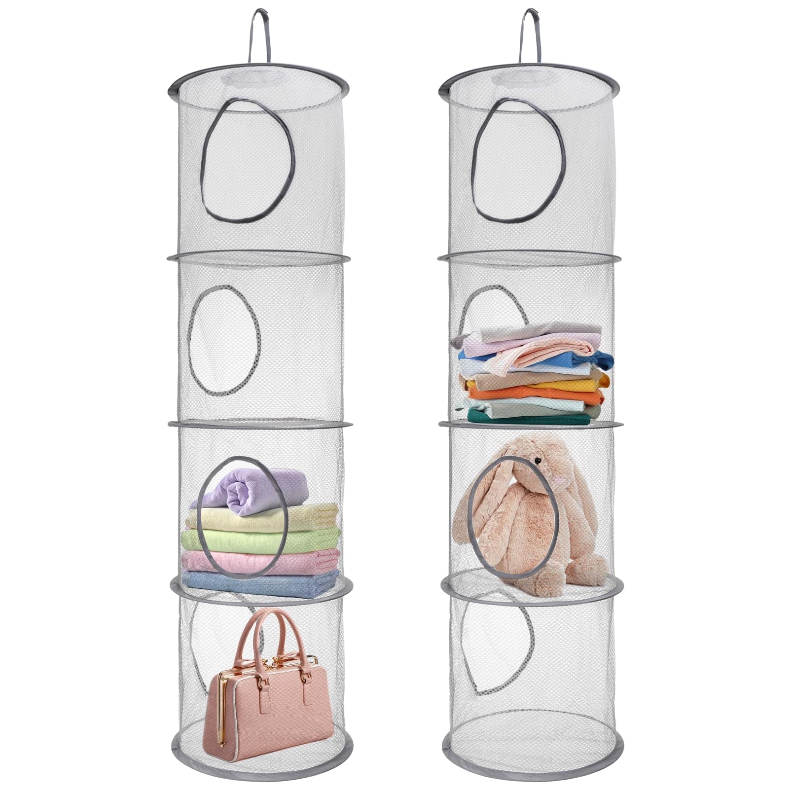 Fentar 2Pcs Hanging Toy Storage Net, 4-Tier Hanging Storage Mesh, Foldable Soft Toy Net, Teddy Bear Baskets, Space Saving Hang Shelf Organiser for Teddy Bear Toys Clothes Organise (Gray)