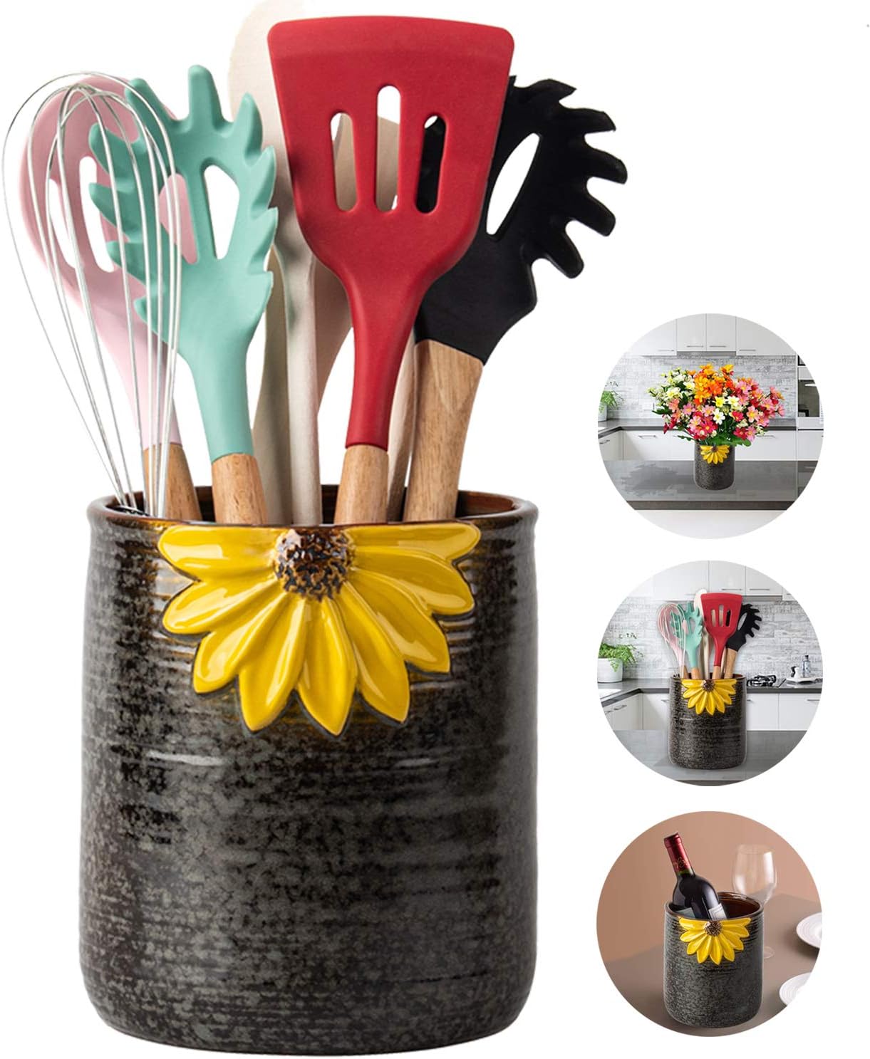 Utensil Crock, Kitchen Utensil Holder, Ceramic Farmhouse Utensil Holder for Countertop, Cooking Utensil Holder for Kitchen Decor Large Kitchen Spatula Holder