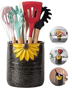Utensil Crock, Kitchen Utensil Holder, Ceramic Farmhouse Utensil Holder for Countertop, Cooking Utensil Holder for Kitchen Decor Large Kitchen Spatula Holder