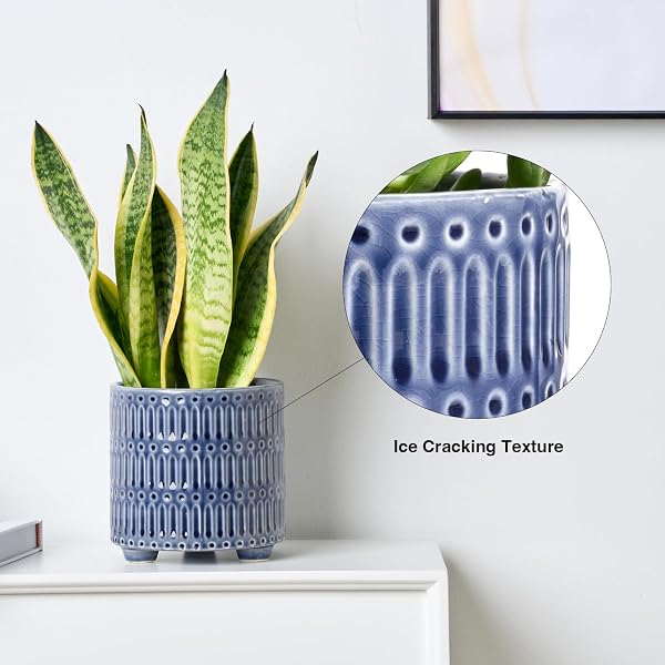 STHIE 5 INCH CERAMIC PLANTERS FOR INDOOR PLANTS, BLUE CACTUS SNAKE PLANT POTS WITH DRAINAGE, UNIQUE DESIGN ROUND FLOWER POT FOR HOME DECORATION