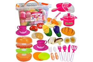 FUNERICA Pretend Play Food and Dishes Set - with Cookware, Pots and Pans Set, Toy Plates, Cups, Knife, Kids Kitchen Utensils, Large Cuttable Vegetables, Burger Sandwich and Egg