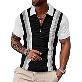 UOUA Men's 1/4 Zip Polo Shirts Summer Short Sleeve Sweatshirts Vintage Striped Texture Tops Casual Golf Tee