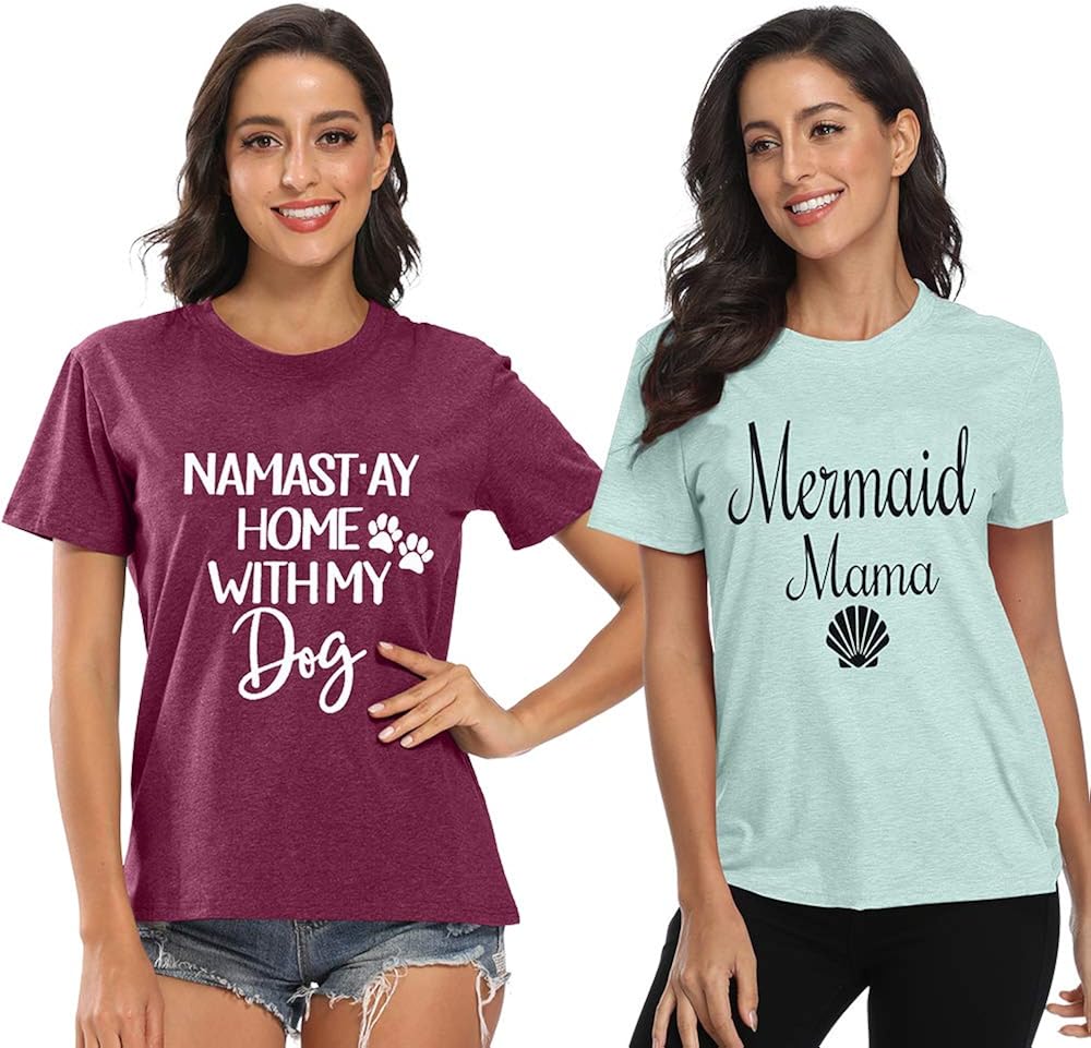 FLOYU 2Pack Women Namastay Home with My Dog T Shirt Mermail Mama T Shirt Size L