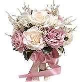 Dusty Pink Wedding Bouquets for Bride Bridesmaid,White Blush Pink Artificial Fake Silk Roses Flowers Bridal Bouquet for Wedding French Vintage Boho Rustic Church Decoration Toss Bouquet (8.6in(M))