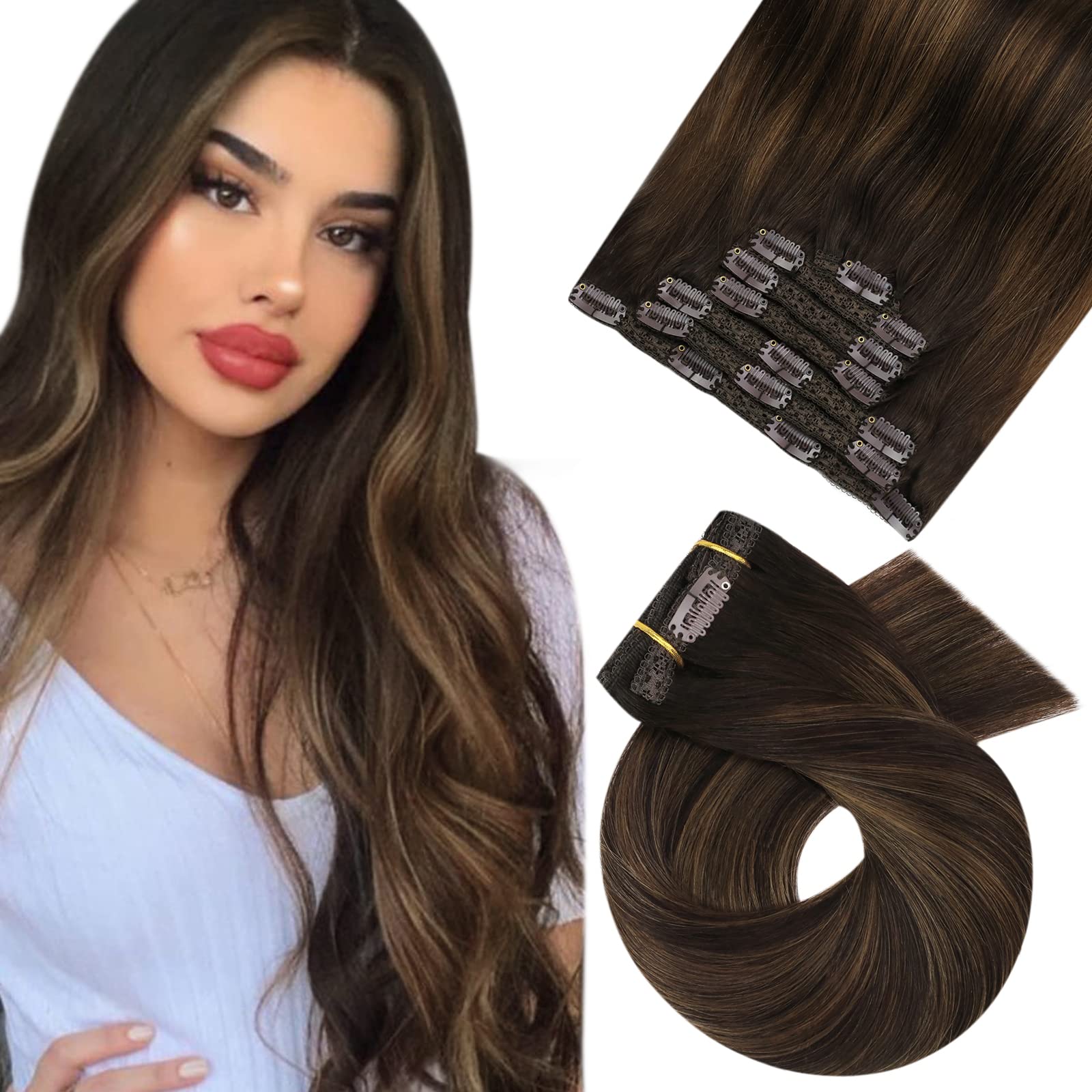 Moresoo Clip in Human Hair Extensions 22 Inch Ombre Darkest Brown and Chestnut Brown Clip in Hair Extensions Real Human Hair 120G 7pcs #2/6/2