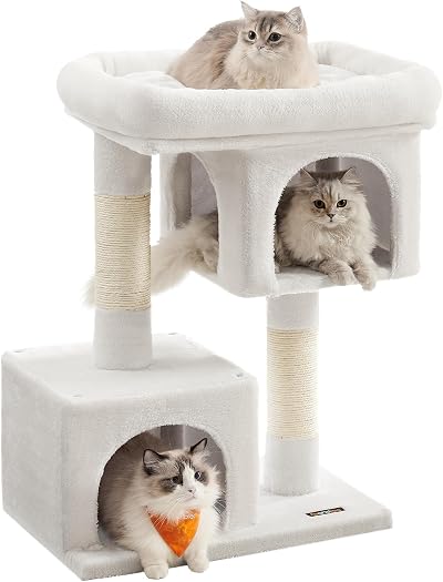 Feandrea Cat Tree Tower 84 cm Large Cat Perch 56x40 cm 2 Caves Cream
