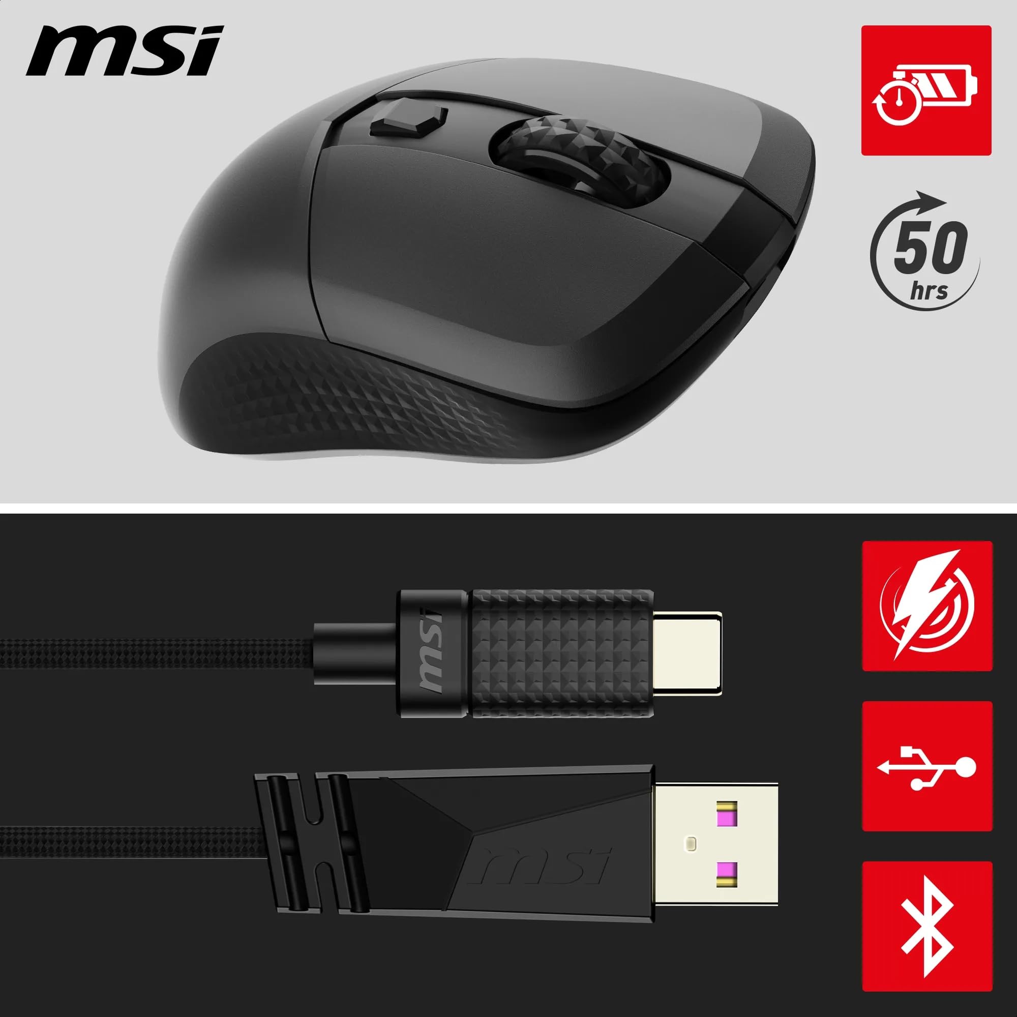 MSI Versa 300 Wireless Gaming-Maus – 8000 DPI optischer Sensor, 1000 Hz Polling-Rate, symmetrisch, 30M+ Klicks, 6 Tasten, 50-Stunden-Batterie, 1 ms Latenz, 60 g – Kabelgebunden/kabellos 4