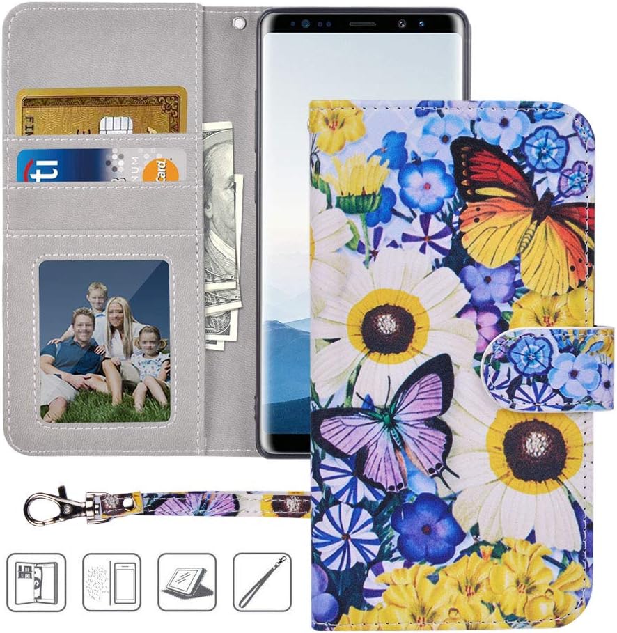 Galaxy Note 8 Wallet Case,Galaxy Note 8 Case, MagicSky Premium PU Leather Flip Folio Case Cover with Wrist Strap, Card Holder, Cash Pocket, Kickstand for Samsung Galaxy Note 8(Butterfly Over Flowers)