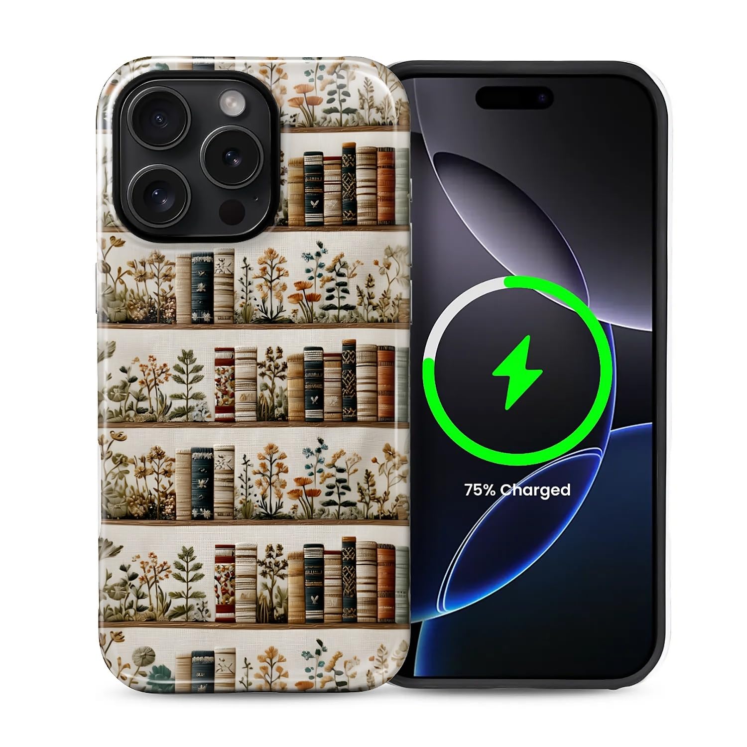 Kapadiy Magnetic Case for iPhone 15 Pro Max,Compatible with MagSafe Embroidery Bookish Lover Flower Design Hybrid Dual Protection Silicone Hard PC Shockproof Full Body Protective Case for Men Women