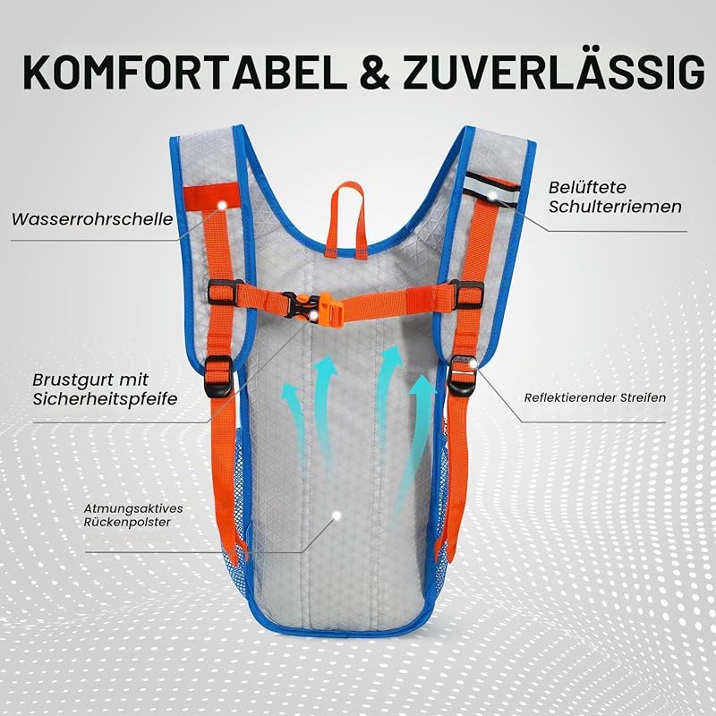 Trinkrucksack Kinder mit 1,5L Wasserblase, Atmungsaktiv, Blau