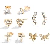 MDFUN Gold Stud Earrings,18K Gold Plated CZ Hypoallergenic Earrings Set for Women,5 Pairs