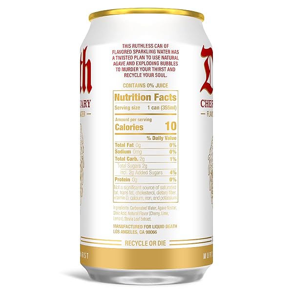 LIQUID DEATH SODA-FLAVORED SPARKLING WATER – CHERRY OBITUARY, LESS SUGAR*, HUGE FLAVOR, NO CAFFEINE, NO ARTIFICIAL SWEETENERS, 12 FL OZ (PACK OF 12)