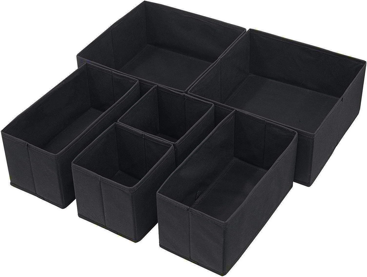 Qisiewell Foldable Cloth Storage Box Closet Dresser Drawer Divider Organizer Basket Bins for Underwear Bras Black (Set of 6)