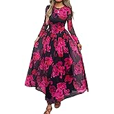 Evzeiem Women's Maxi Dress 2026 Spring Long Sleeve Crewneck Mesh Floral Dress Drop Waist Party Wedding Guest Dresses