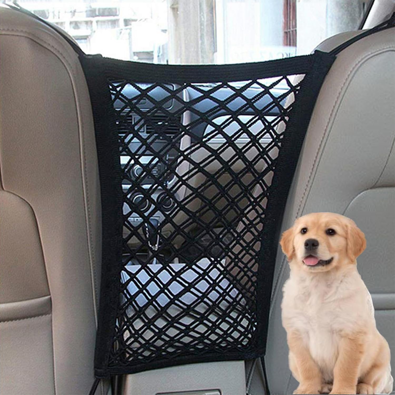 Dog Car Net Barrier Car Dog Guard Front Seat Pet Safety Barrier Dual Layer Cars Mesh Organizer Seat Back Net Bag Driver Storage Netting Pouch Universal Stretchable Storage Bag for Cars, SUVs