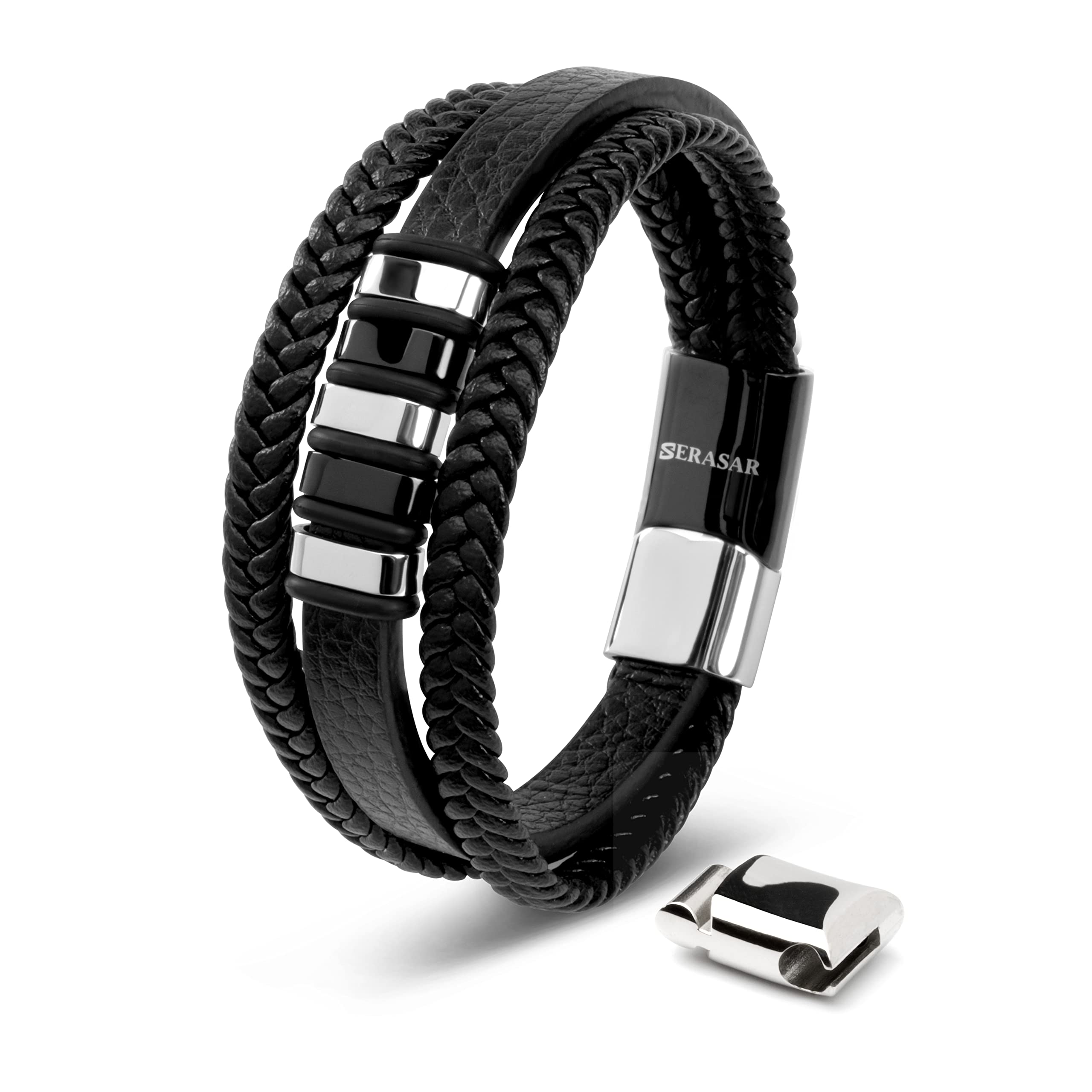 SERASAR Mens Jewellery Leather Bracelet 20cm Silver Men GiftBox Genuine Cowhide Braided AdjustAble Magnetic Clasp MultiLayer Wrap Rope Mans Male Bracelets Band Jewelry
