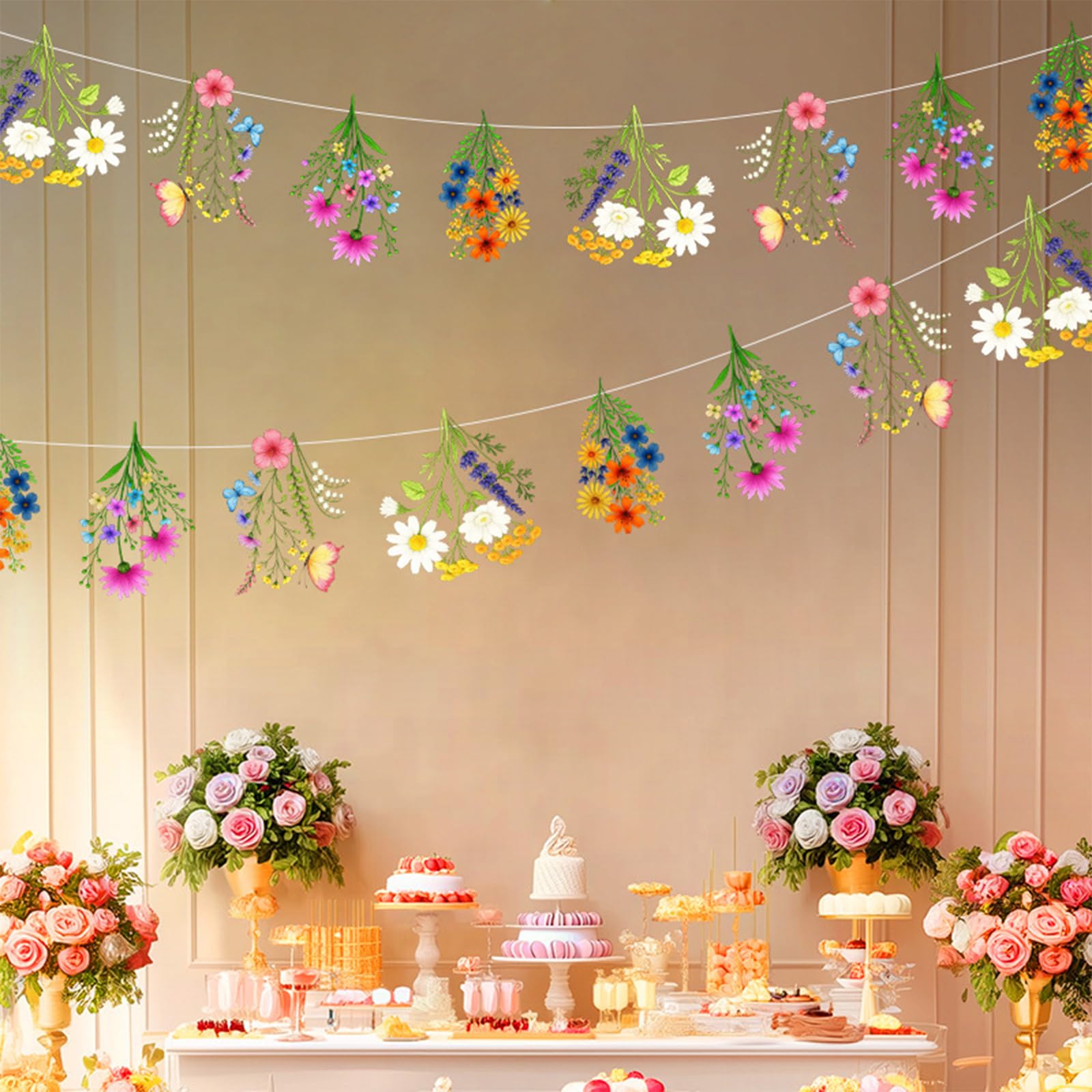 FOSDICK 2Pieces Flower Banner, Double-Sided Colorful Wildflower Banner, Flower Garland Spring Party Decorations, Floral Party Decorations for Birthday Baby Shower Wedding Indoor Outdoor Garden Decor