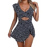 Aidonger One Piece Swimdress Swimsuit for Women Tummy Control Ruffle Swim Dress Skirt V Neck Cutout Wrap Bathing Suit