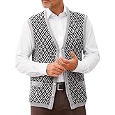 Runcati Mens Sleeveless Sweater Vest V Neck Button Down Cardigan Sweaters Knitted Argyle Vest with Pocket
