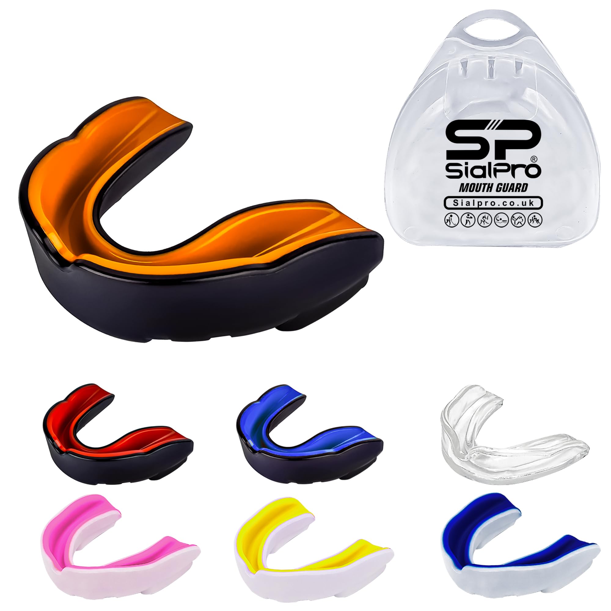 Double Layer Mouth Guards Slim Fit Adult Senior Mouldable Gum Shield with Case for Boxing Men MMA Rugby Hockey Basketball Muay Thai Kickboxing Football All Contact Sports(12+ Years), Black-Orange