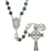 Needzo Celtic Rosary Beads for Women, Green Glass Prayer Bead Strand with Silver Tone Miraculous Medal Centerpiece and Crucifix, Catholic Keepsake Gift