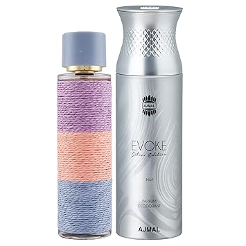 Maryaj Deuce Femme Eau De Parfum Floral Fruity Perfume 100ml for Women and Ajmal Evoke Silver Edition Him Deodorant Spicy Floral Fragrance 200ml for Men + 2 Parfum Testers FREE